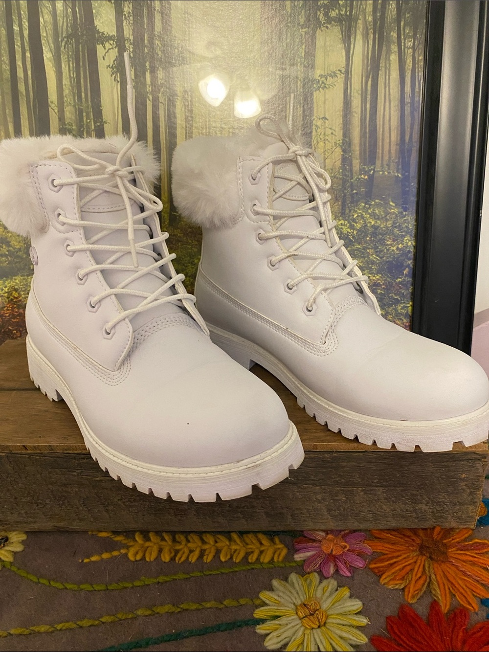Lugz Women's White Faux-Fur Lace-Up Winter Boots, does have a stain left boot